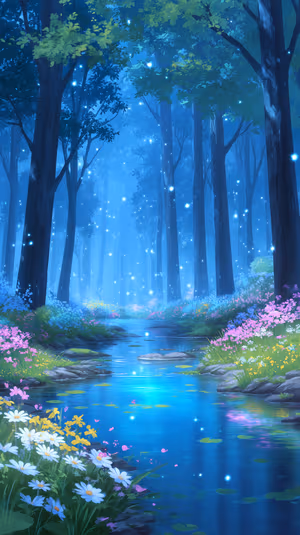 Luminous fantasy forest stream centered on a soft blue background with glowing fireflies, ultra HD 8K ready image.