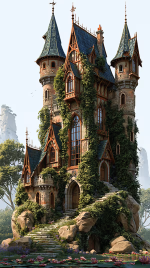 Storybook fantasy castle tower covered in ivy with teal slate roofs on a verdant green background ultra HD 8K