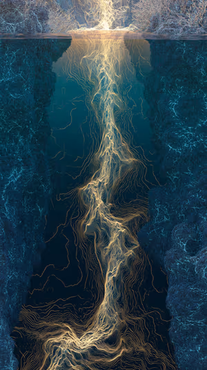 Abstract energy stream centered on deep teal background with glowing gold filaments in a luminous digital aesthetic, ultra HD