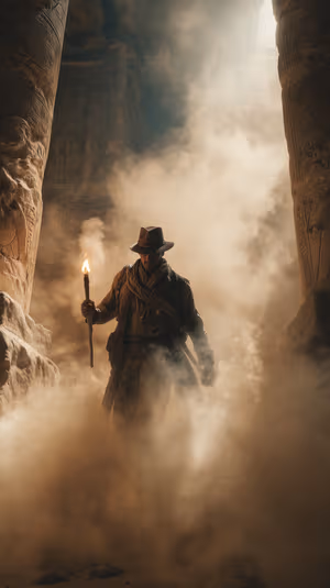 Cinematic explorer silhouette centered on a golden, dust filled temple background in a moody, torchlit aesthetic (Ultra HD).