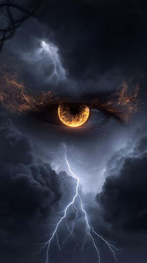 Surreal eye with a fiery gold iris set in stormy gray clouds and lightning, ultra hd 8K background.