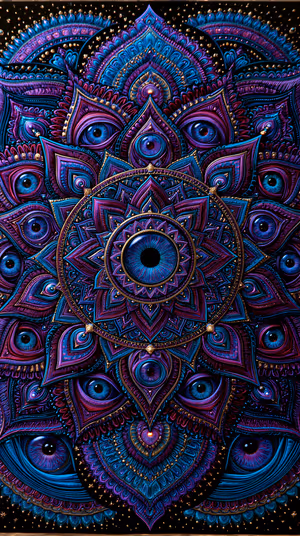 Ornate mandala with central iris and layered eyes in deep purple and blue tones, ultra HD 8K background.