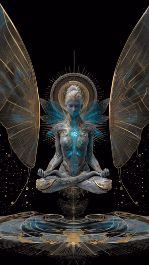 Cybernetic fairy centered on a black background with gold filigree halo and teal core in a cyber fantasy aesthetic, ultra HD 8K image