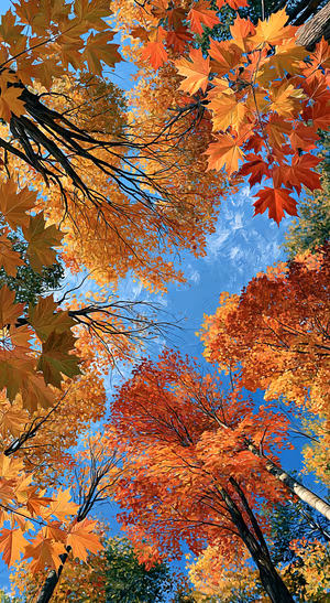 Painterly fall foliage canopy with orange leaves and blue sky in a vivid autumn aesthetic