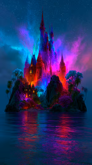 Cinematic neon fantasy castle on an island with cyan, magenta and purple glow reflected on water ultra HD 8K background