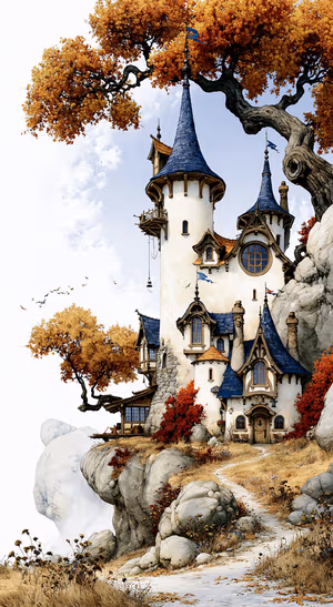 Storybook castle in a fantasy style with orange autumn trees, blue towers, and a warm fall aesthetic.