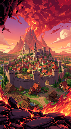Fantasy medieval castle village beneath a crimson volcanic sky in an illustrated fantasy aesthetic.