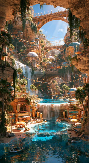 Enchanted Turquoise Cave City — iPhone lock screen wallpaper