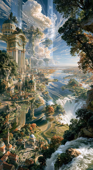 Painterly fantasy cityscape with ornate towers on a blue and gold background in a surreal aesthetic.