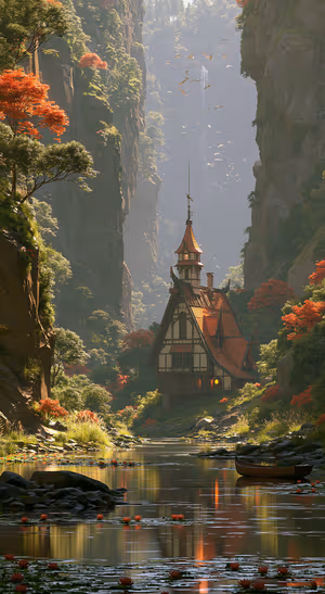 Cinematic fantasy forest cottage centered on an autumn toned background in cinematic fantasy style.