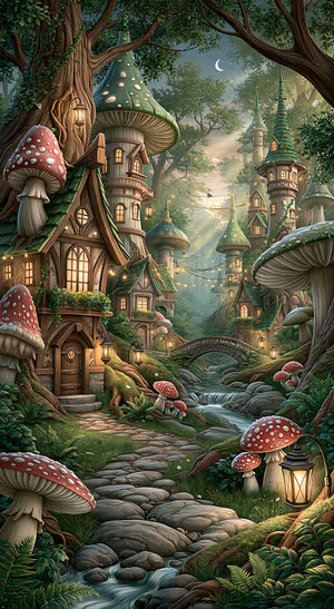 Whimsical Mushroom Village — iPhone lock screen wallpaper