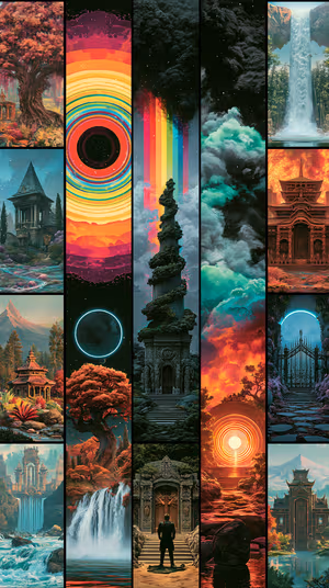 Surreal multicolor vertical panels of fantasy landscapes, rainbow rings, waterfalls and temples ultra HD 8K background image.