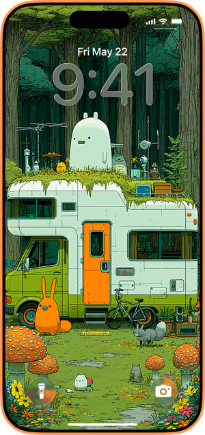 Wallpaper preview on iPhone 17 Pro Max running iOS 26 - Mossy Camper Retreat