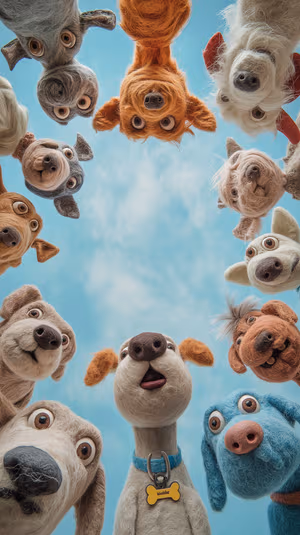 Whimsical felted puppy circle against a clear blue sky, ultra HD background showcasing wool sculptures and skyward gaze