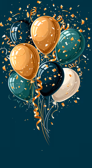 Festive balloons in a hand drawn style with gold confetti on a dark teal background