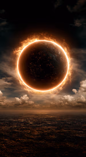 Cinematic dark planet centered on an orange background in a fiery space aesthetic.