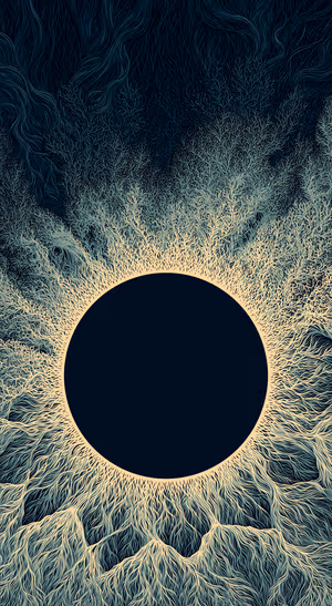 Intricate abstract filament eclipse centered on deep teal and cream background in organic line art aesthetic, ultra HD.