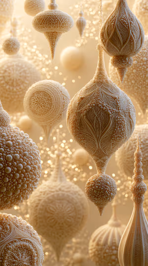 Sculptural ornate filigree ornaments on a warm ivory background in detailed 3D baroque aesthetic, ultra hd image