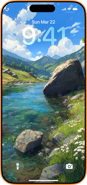 Wallpaper preview on iPhone 17 Pro Max running iOS 26 - Alpine Meadow Stream