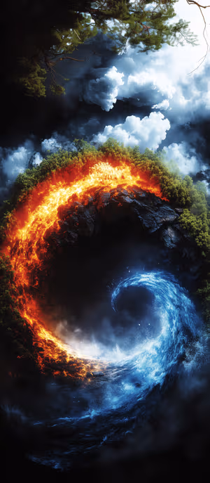 Surreal fire and water vortex centered on a blue orange background in a dramatic elemental aesthetic ultra HD image.