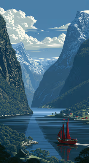 Illustrative vintage travel poster fjord with red sailboat set against blue cliffs, ultra HD 8K background