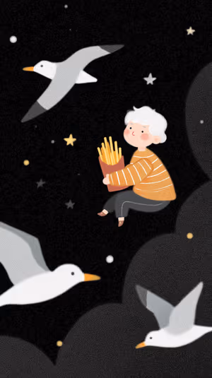 Whimsical illustration of a floating child clutching fries with seagulls on a midnight blue starry background, ultra hd wallpaper.