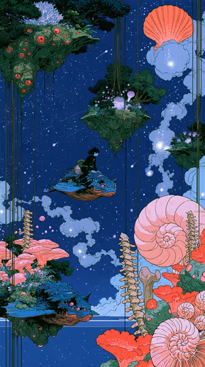 Dreamlike surreal floating islands and nautilus shells on a deep navy background in illustrative cosmic aesthetic (Ultra HD)