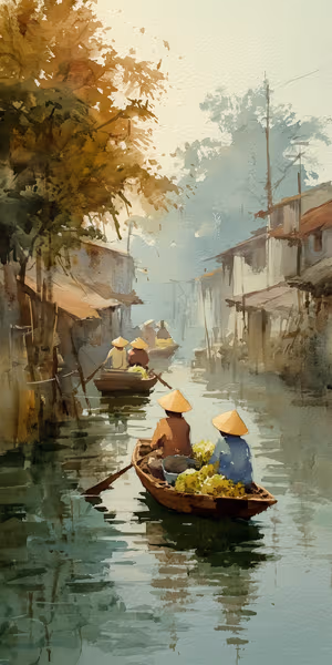 Watercolor floating market centered on a soft misty palette with conical hats and wooden boats ultra HD image.