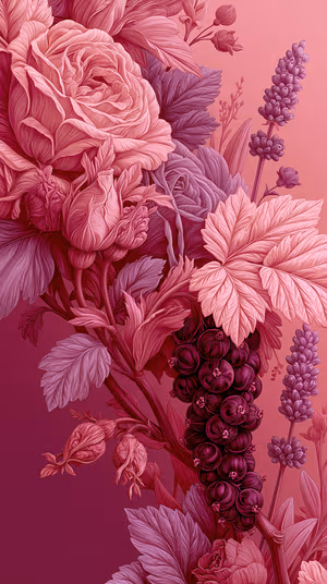 Detailed botanical illustration of a floral bouquet on a pink magenta background in ornate engraved style ultra HD 8K image.