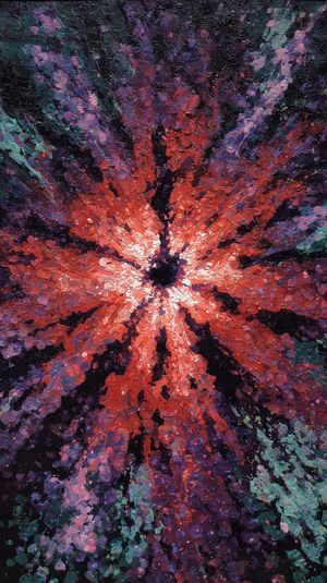 Textured impasto abstract floral burst centered on red and purple tones with teal accents ultra HD phone background.