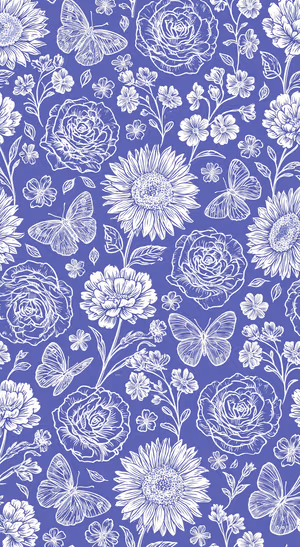 Botanical floral butterfly pattern on a blue background in a blue and white aesthetic.