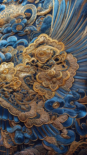 Ornate close up floral embroidery with shimmering blue and gold metallic thread ultra HD background.