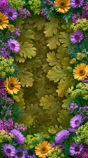 Lush botanical floral frame centered on a green oak leaf background with purple and yellow blooms, ultra HD