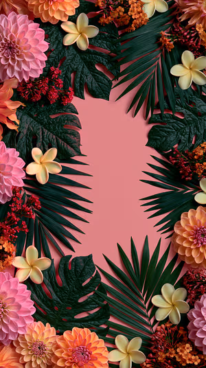 Tropical botanical floral frame on pink background with monstera leaves and plumeria, ultra hd 8K image.