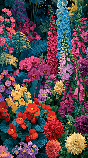 Painterly botanical illustration of lush garden blooms on a vibrant multicolor background; ultra HD 8K mobile image.