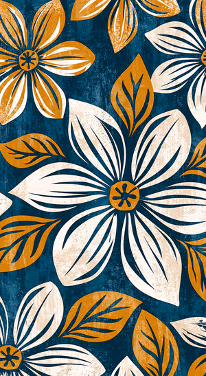 Vintage floral pattern on a teal background with orange and cream distressed petals