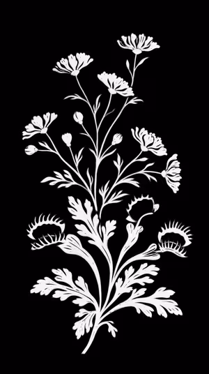 Minimal line art floral sprig centered on a black background in high contrast monochrome aesthetic, ultra HD