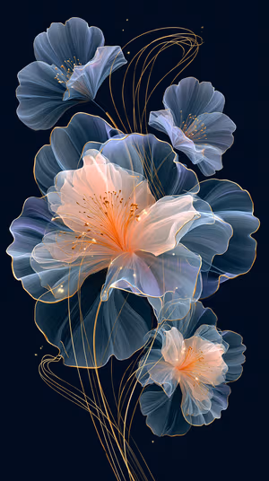 Ethereal translucent floral composition with gold filaments centered on a deep navy background ultra hd image