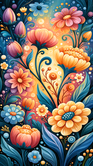Whimsical illustrative floral bouquet centered on a teal and gold background in a painterly folk art aesthetic, ultra HD image