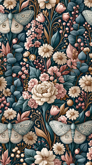 Ornate vintage botanical floral pattern with moths on a deep teal background ultra HD 8K phone background.