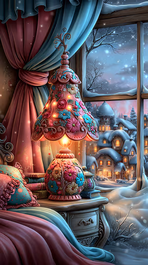 Whimsical floral lamp beside a snowy village view in teal and pink tones ultra hd 8K background.