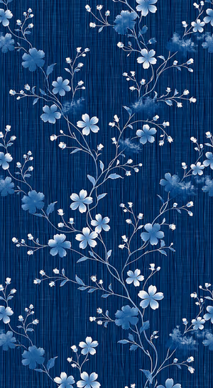 Textile style indigo floral pattern with linen vertical texture, ultra hd 8K background for iPhone lock screen