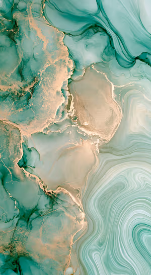 Abstract marble centered on a mint green and gold background in fluid aesthetic.