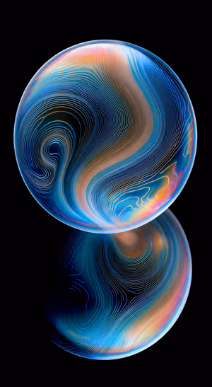 Abstract fluid sphere with blue and orange contour lines on a black background in a 3D aesthetic