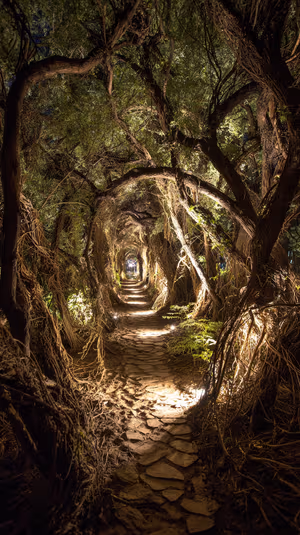 Moody enchanted forest tunnel with twisted roots and warm amber lighting, ultra hd 8K background for iPhone.