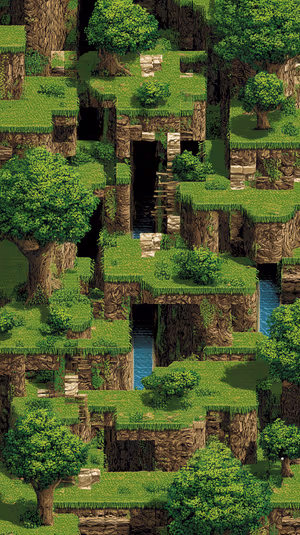 Pixel art forest canyon on rich green palette with grassy platforms, stone ruins and flowing streams in retro gaming style.
