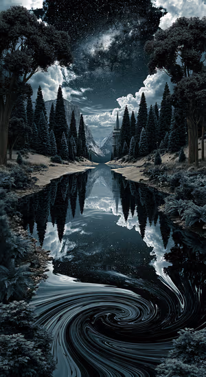 Dark fantasy forest lake with a starry sky, blue gray tones, and a mirrored water reflection.