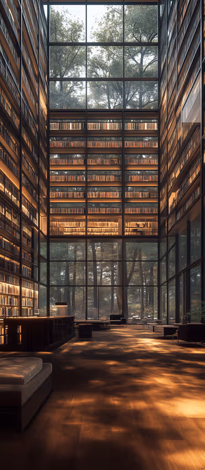 Modern forest library interior on warm wood and green tones with floor to ceiling windows ultra hd phone background