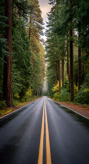 Misty Evergreen Road — lock screen wallpaper