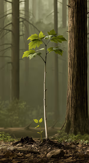 Cinematic forest sapling centered on a muted green background in a natural woodland aesthetic.